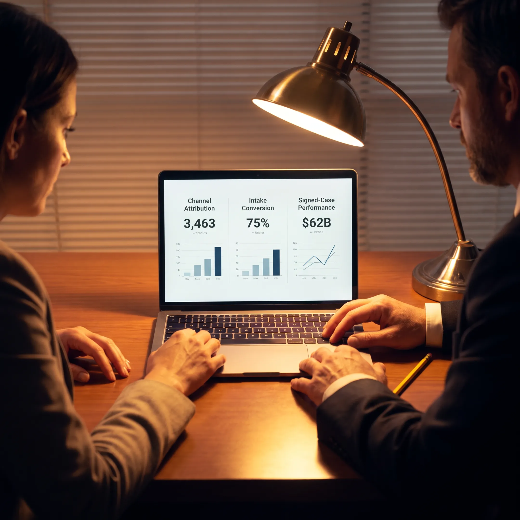 Advisor analyzing law firm marketing performance with a partner