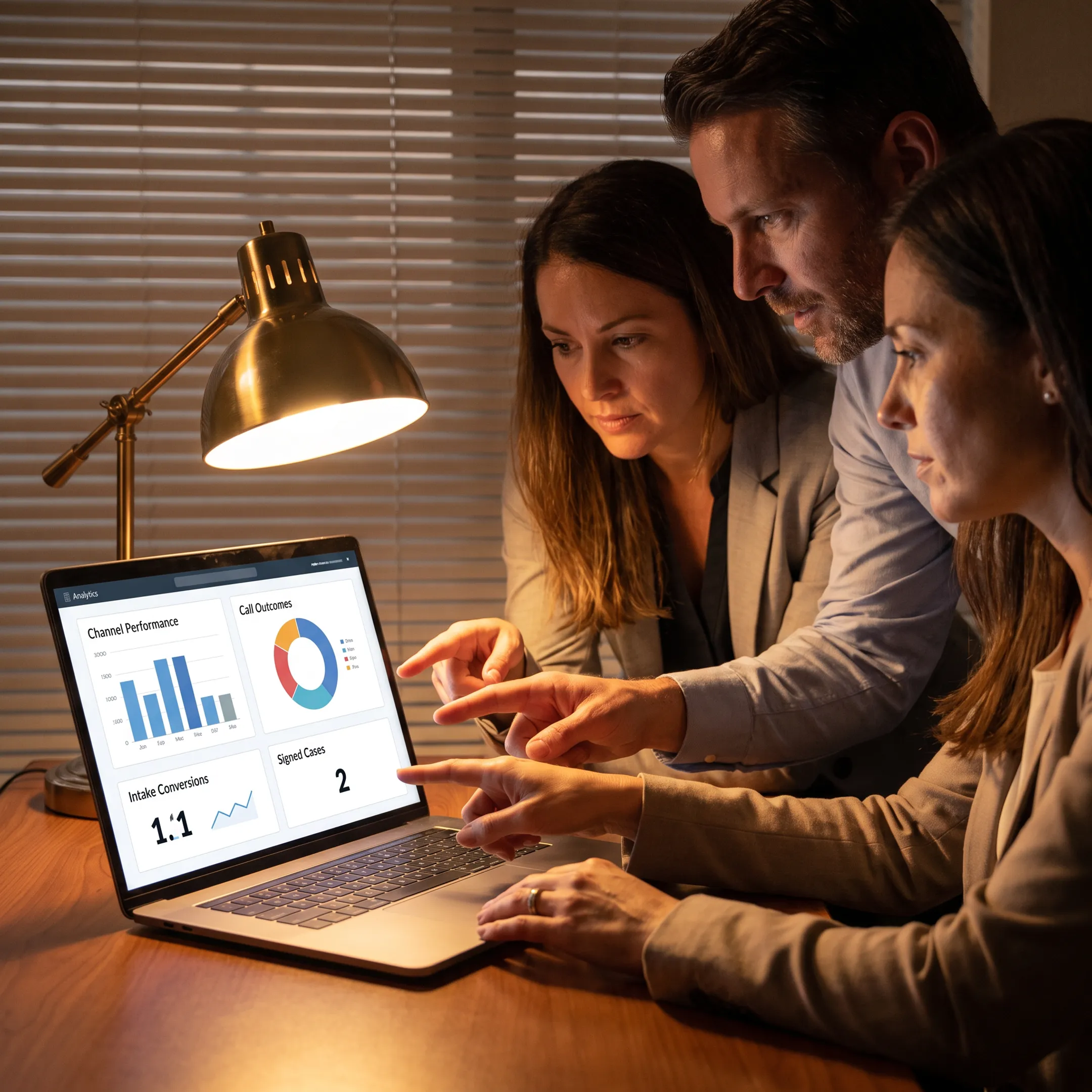 Marketing analytics dashboard showing law firm channels, intake activity, and signed case outcomes