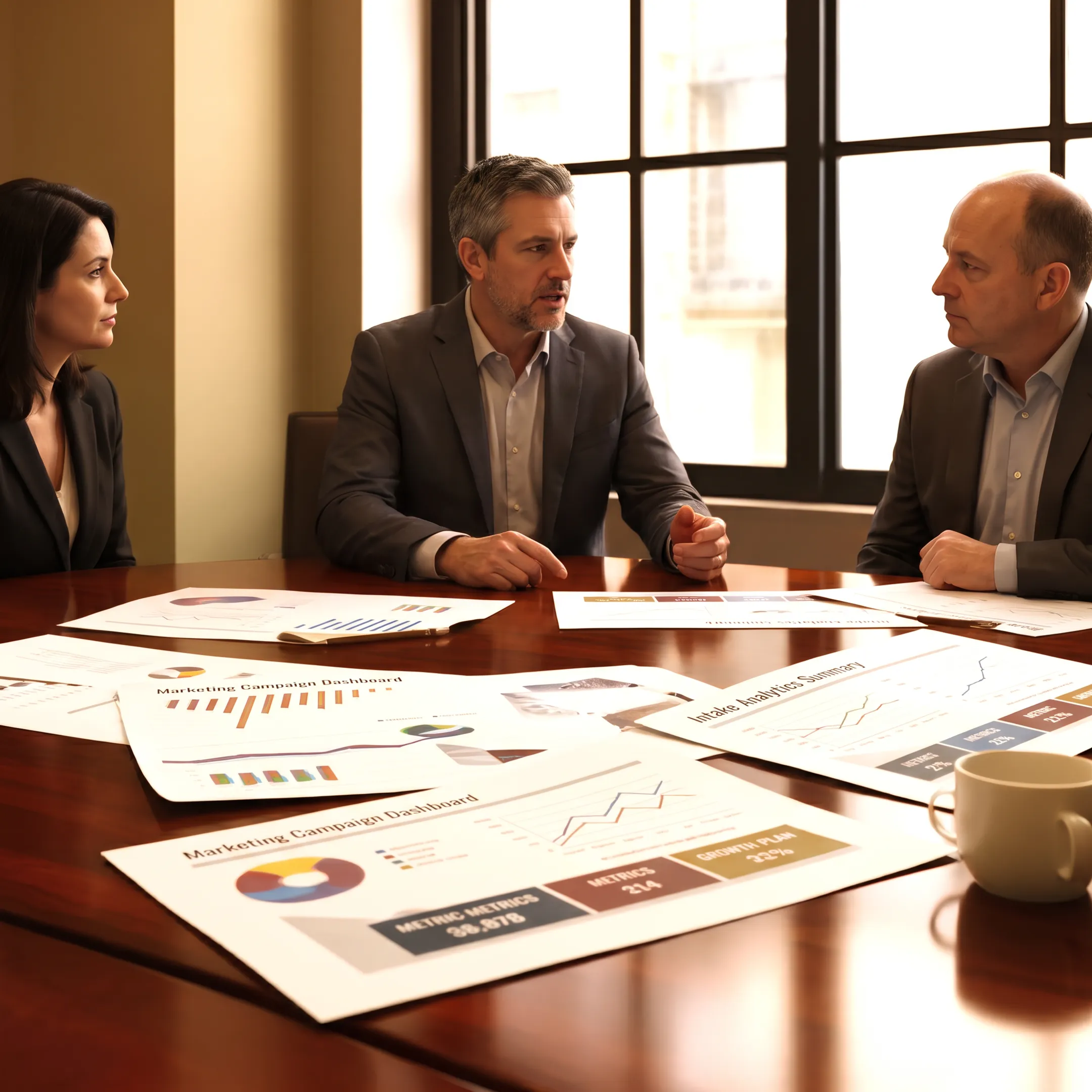 Marketing strategist reviewing law firm growth data with legal professionals