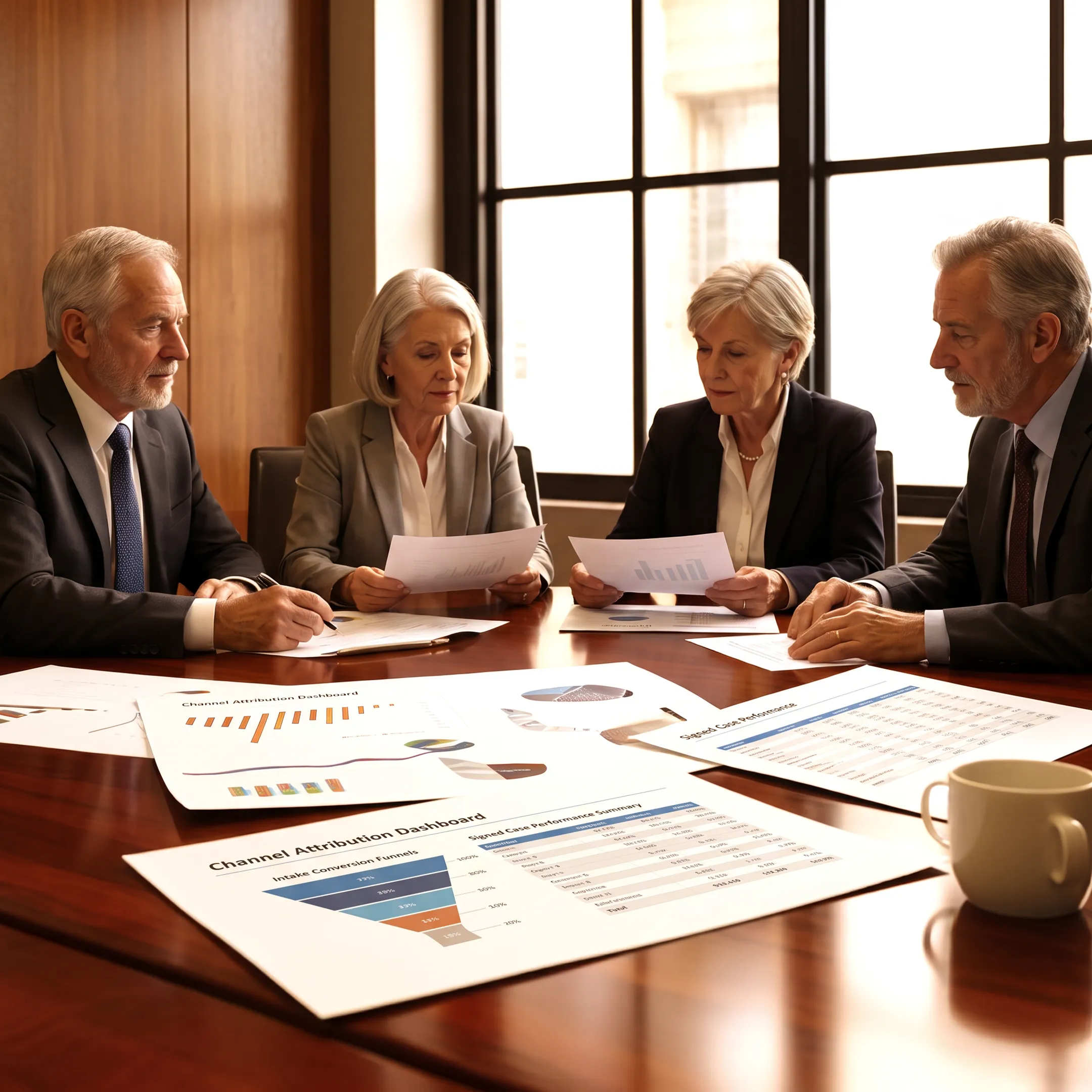 Legal marketing team analyzing signed case and campaign performance data