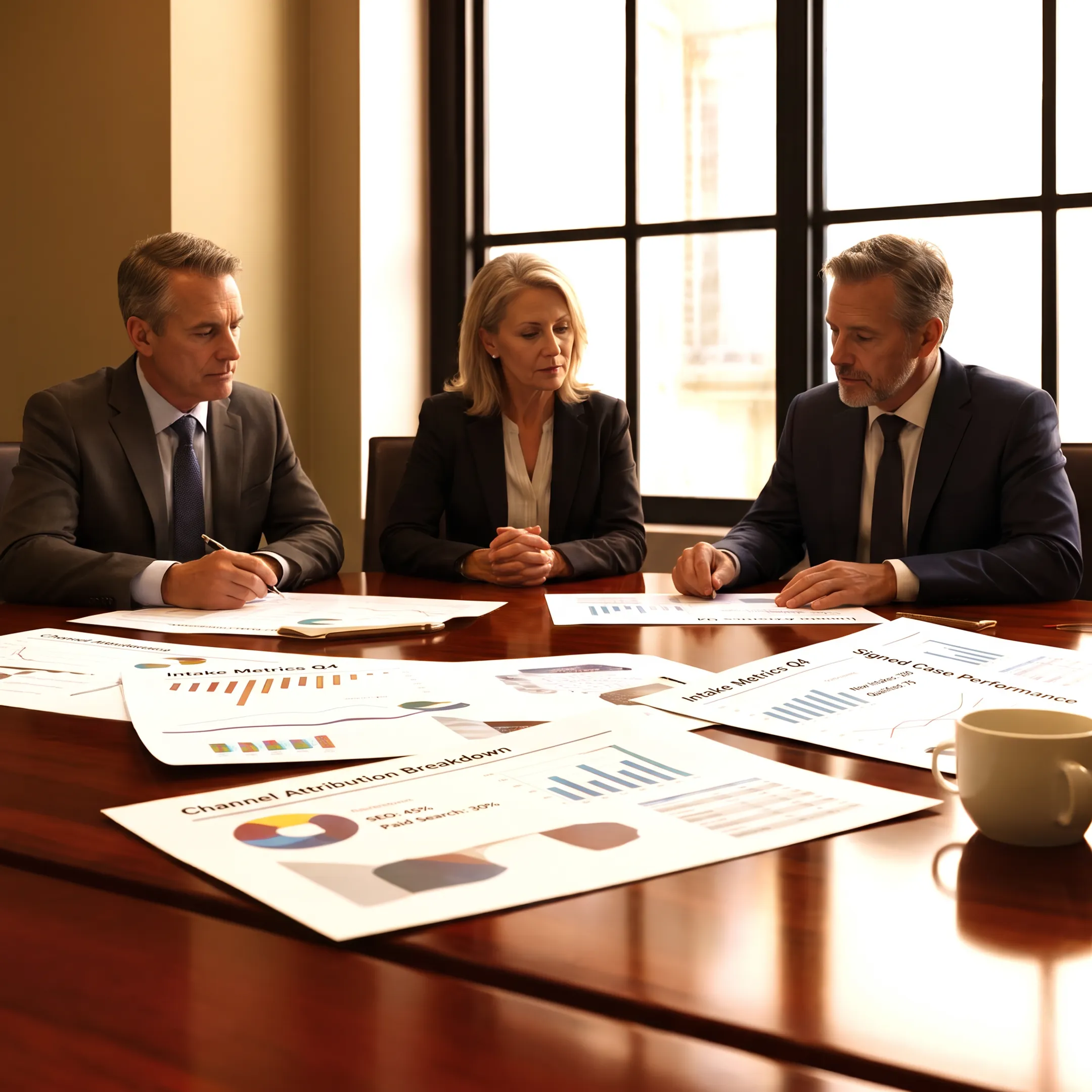 Personal injury law firm leaders reviewing marketing and case acquisition data