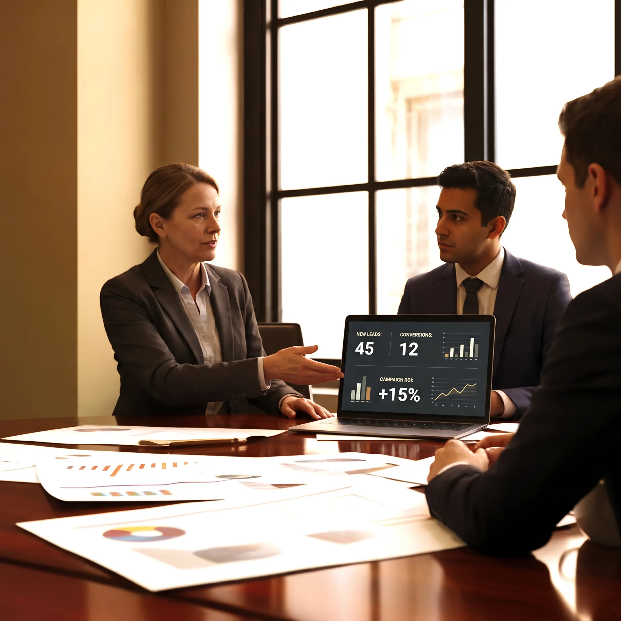 CMO reviewing law firm marketing strategy with attorneys