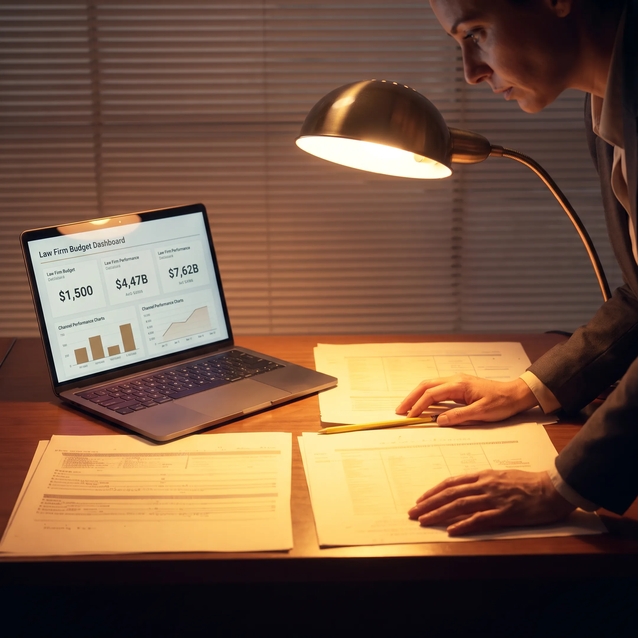 Legal marketing strategist reviewing law firm budget analytics on a laptop