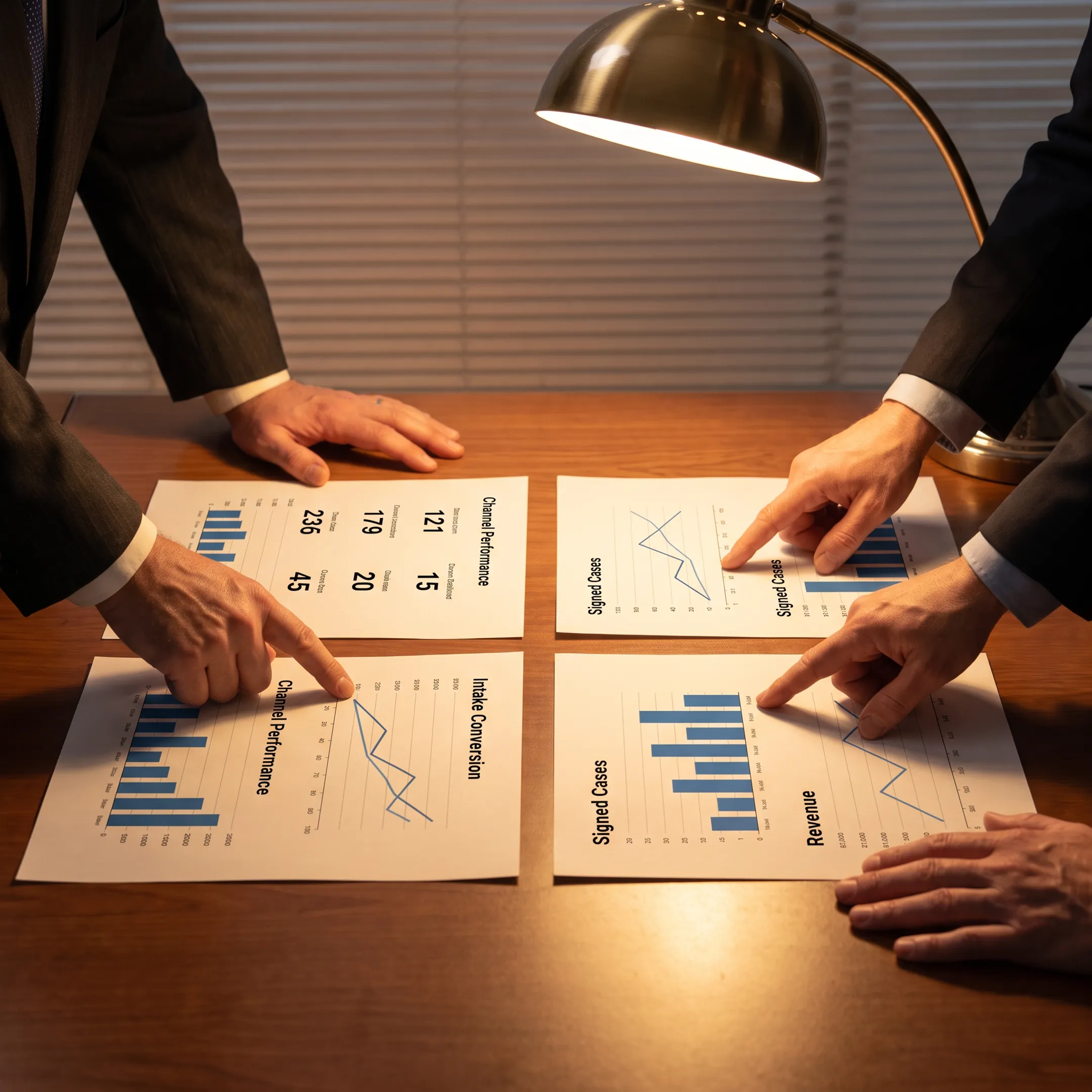 Law firm leaders analyzing connected marketing and case acquisition data