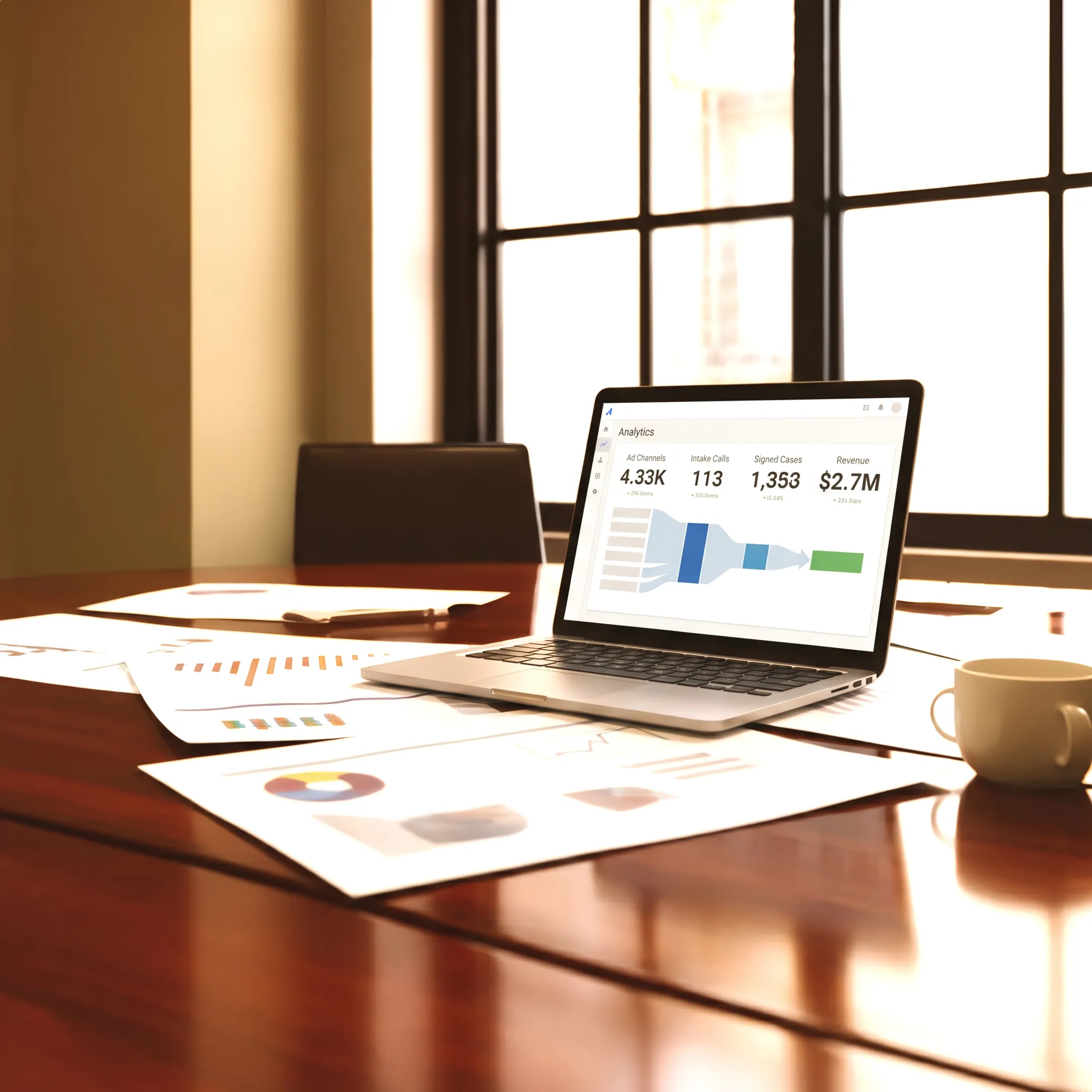 Legal marketing analytics dashboard showing channels, leads, intake, and signed cases