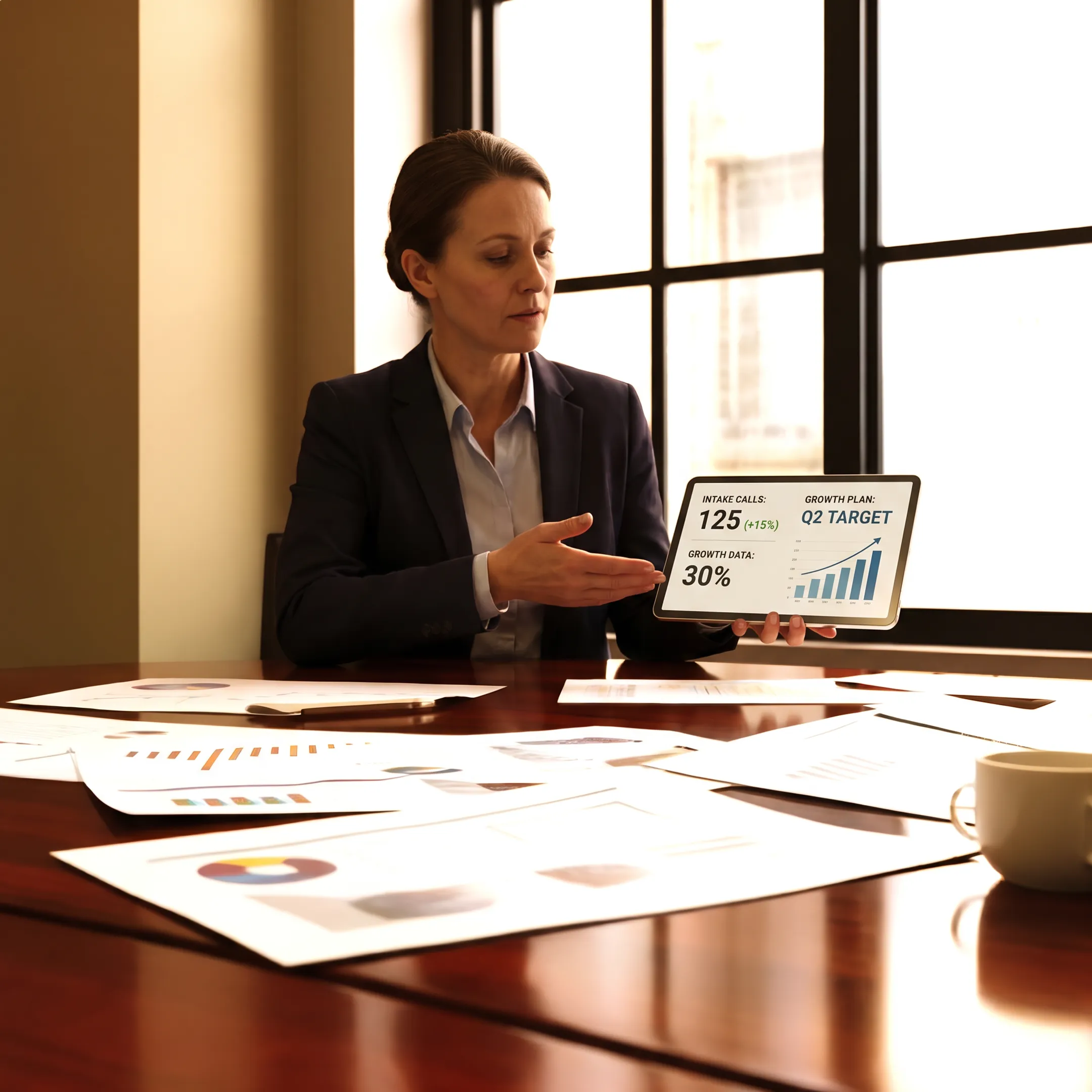 Marketing strategist reviewing law firm growth data with a legal team