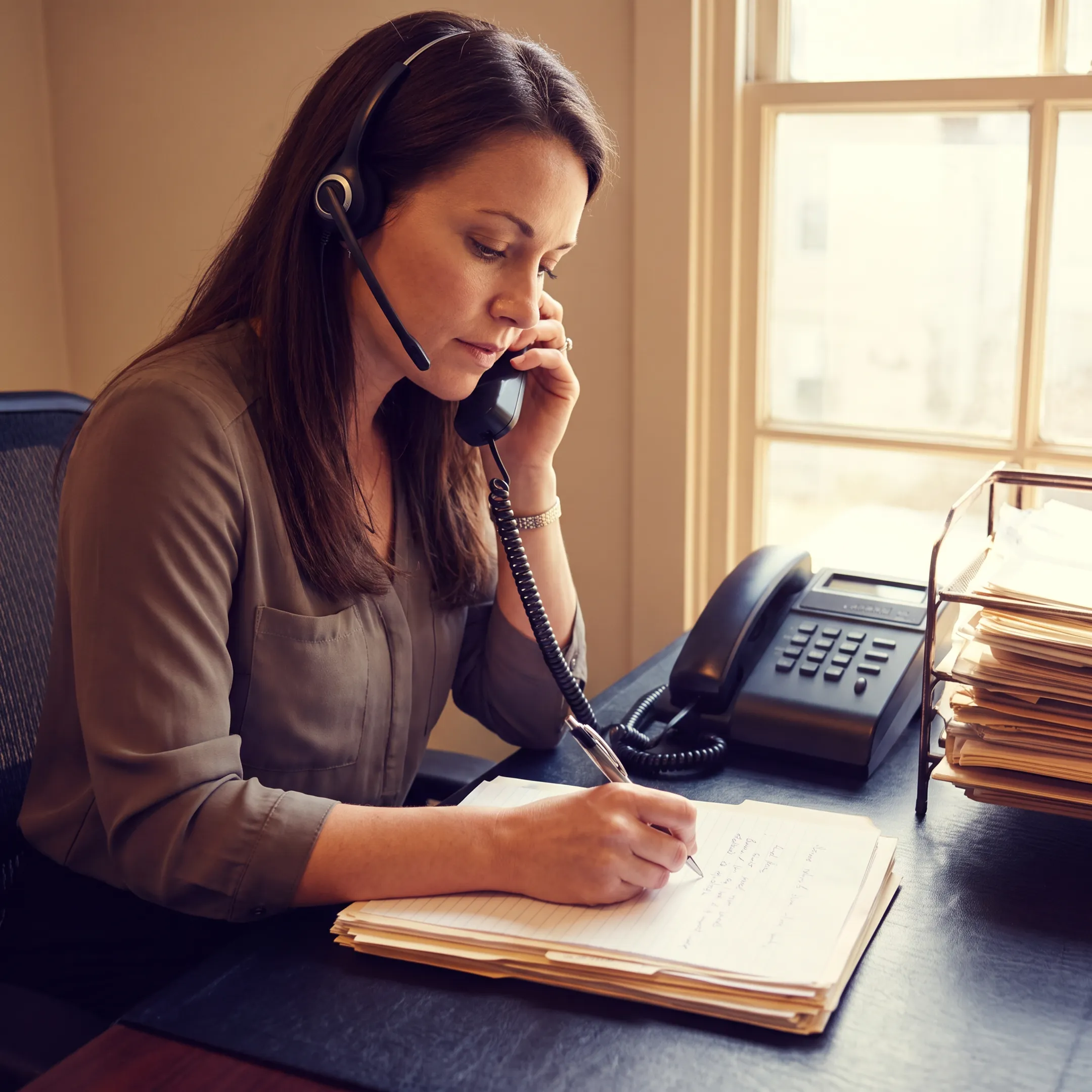 Law firm intake staff member listening attentively during a prospective client call