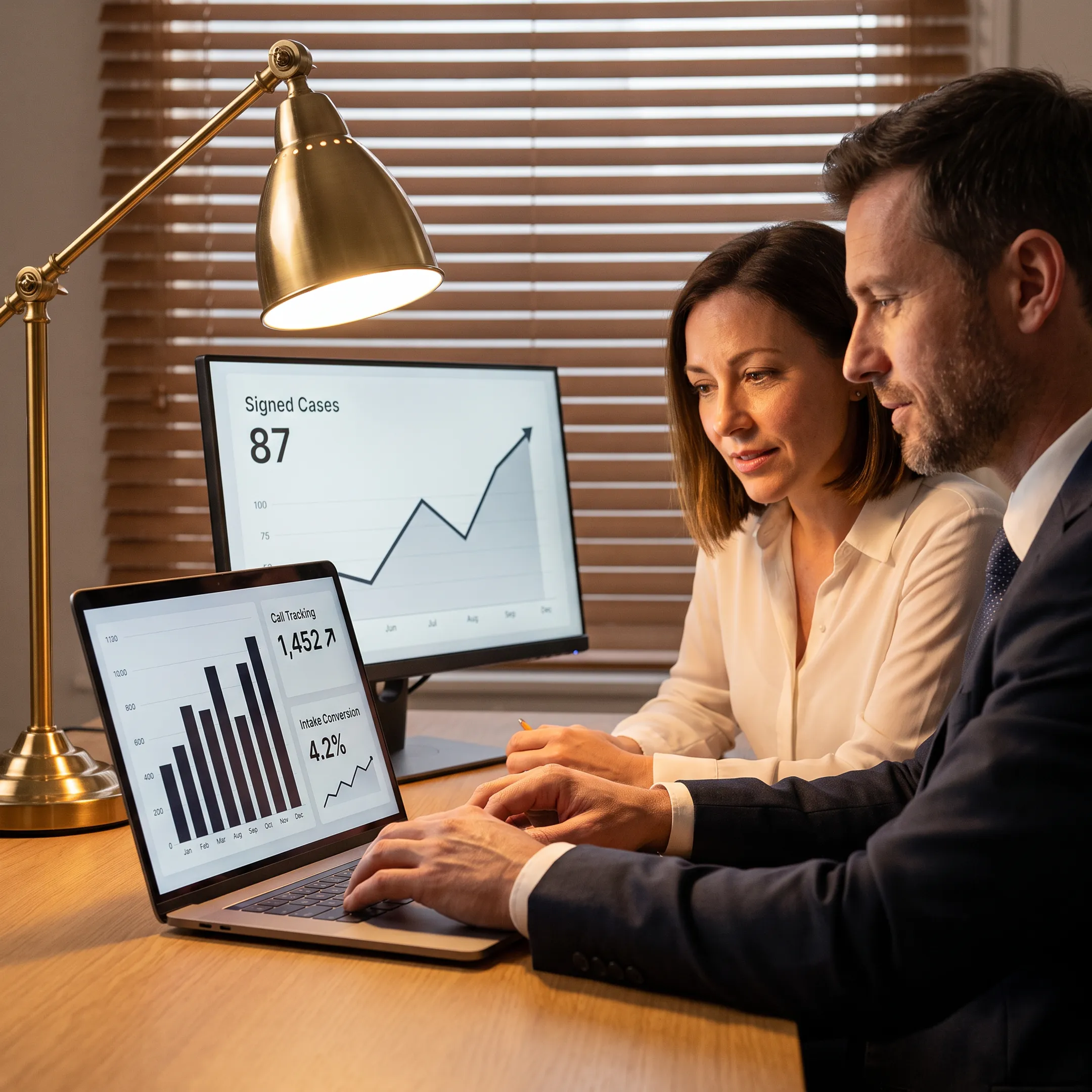 Legal marketing team reviewing law firm call tracking data on a dashboard