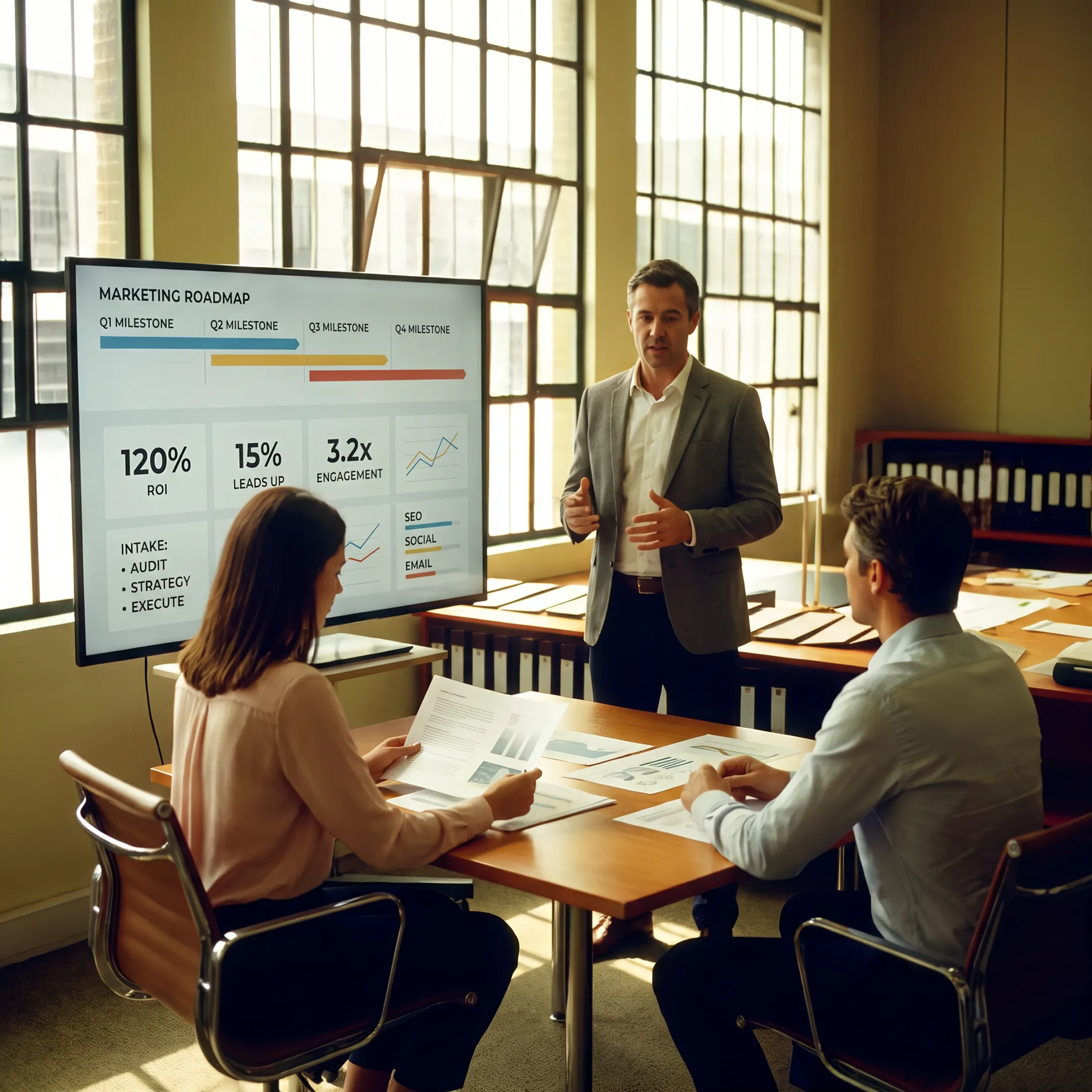 Fractional CMO presenting a marketing strategy to law firm partners
