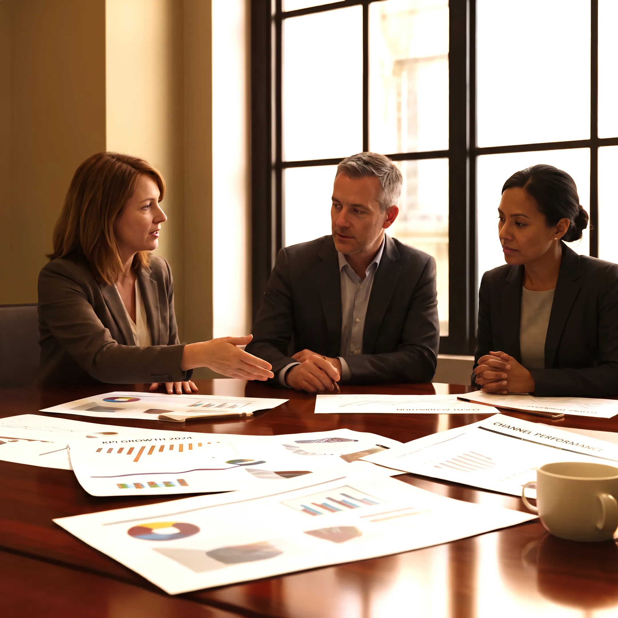 Marketing strategist reviewing growth data with legal practice leaders