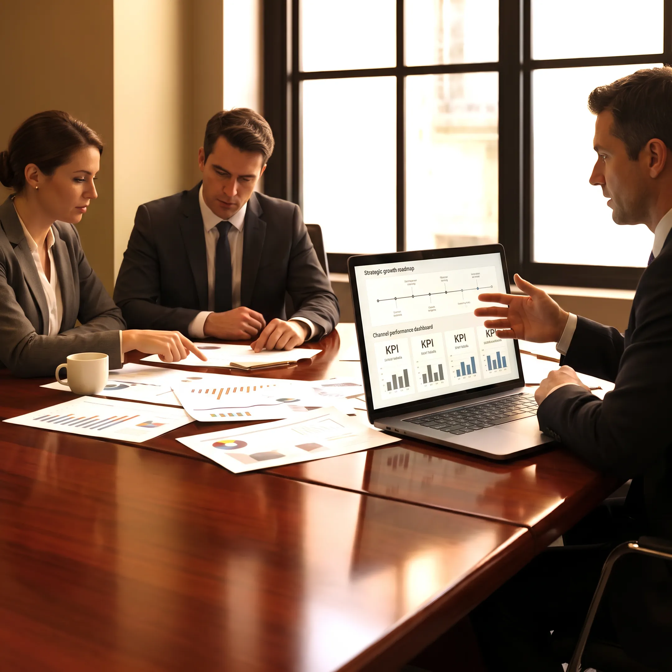 Consultant presenting law firm marketing strategy and performance insights