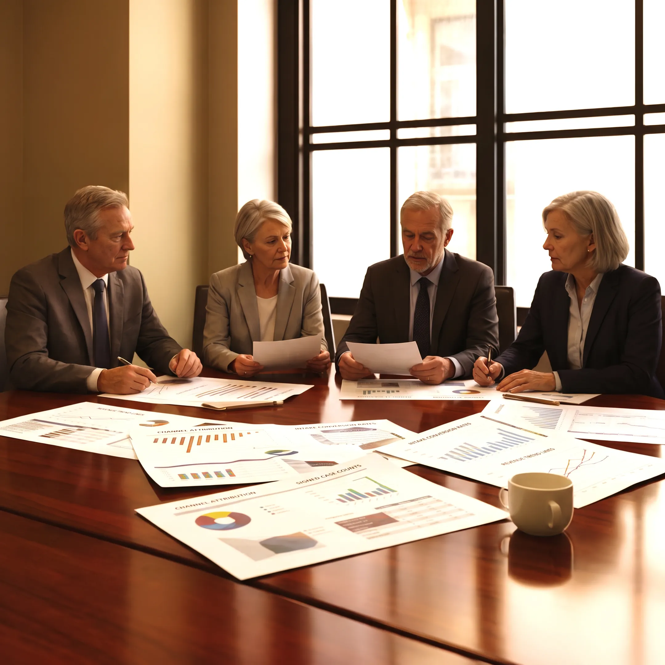 Legal marketing strategist analyzing case acquisition performance with law firm leaders