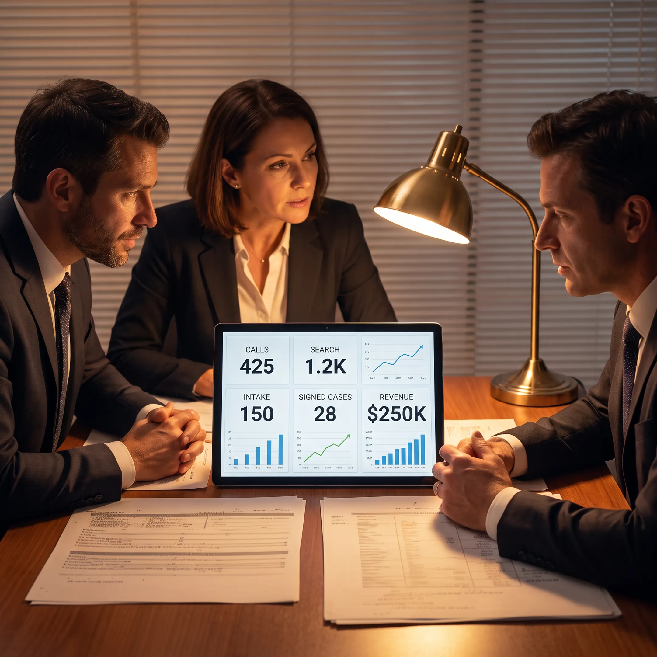 Marketing analytics dashboard showing personal injury law firm case acquisition data