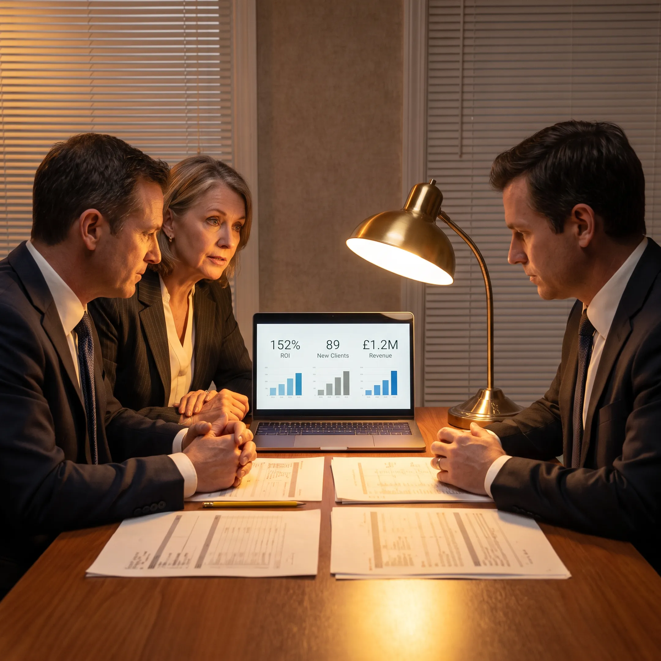 Law firm partners discussing marketing performance with a fractional CMO