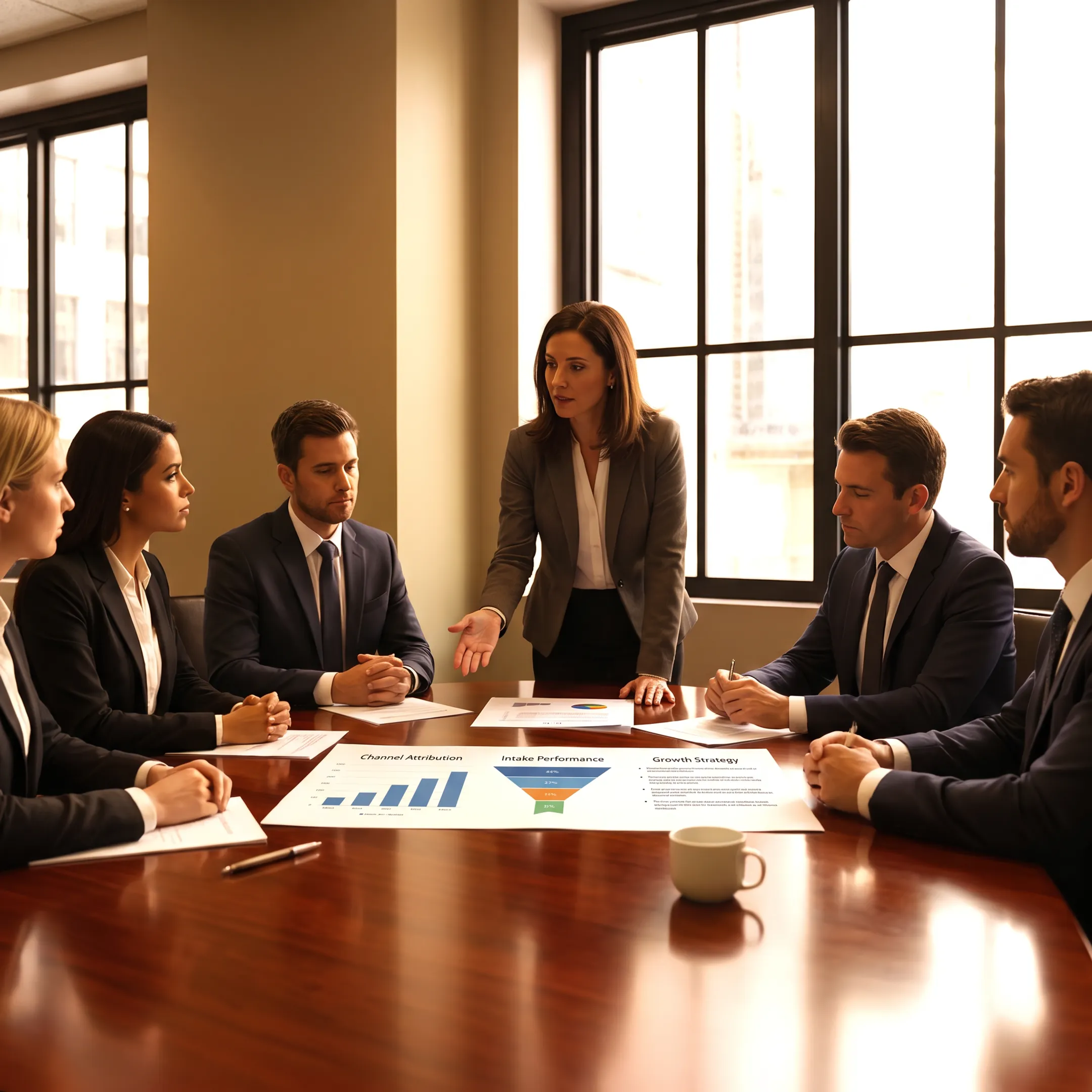 Marketing coach presenting law firm growth strategy and performance insights