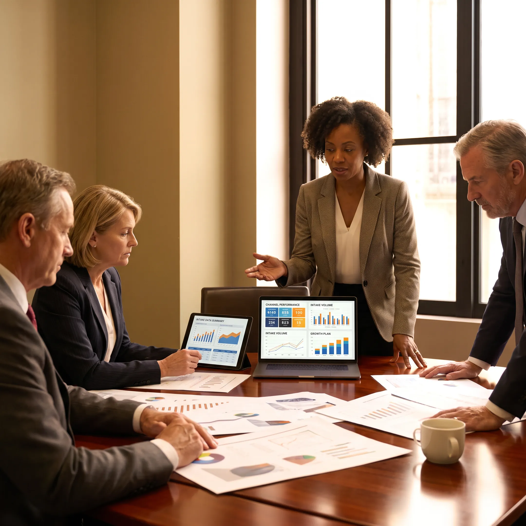 LEXGRO CMO reviewing law firm marketing performance with a legal team