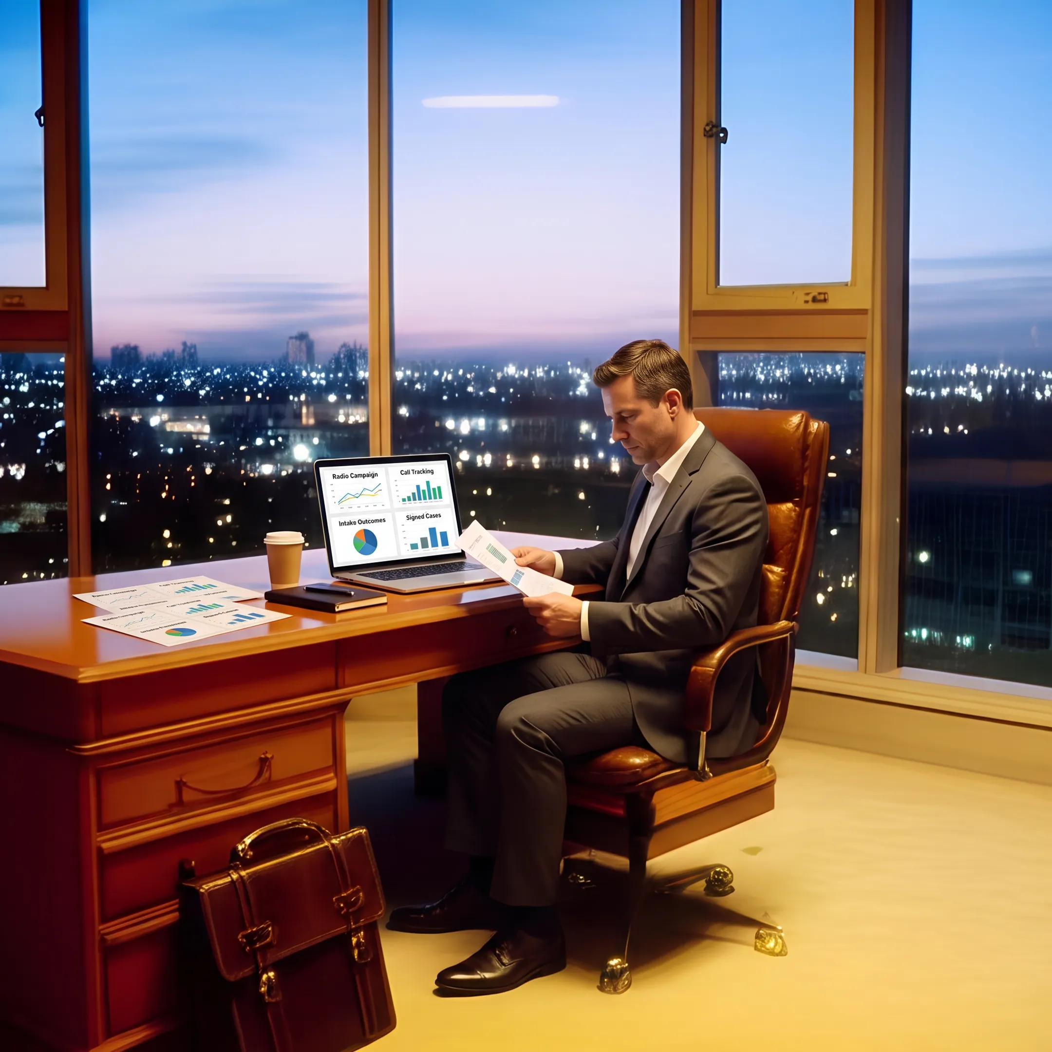Legal marketing strategist reviewing radio advertising attribution data for a law firm