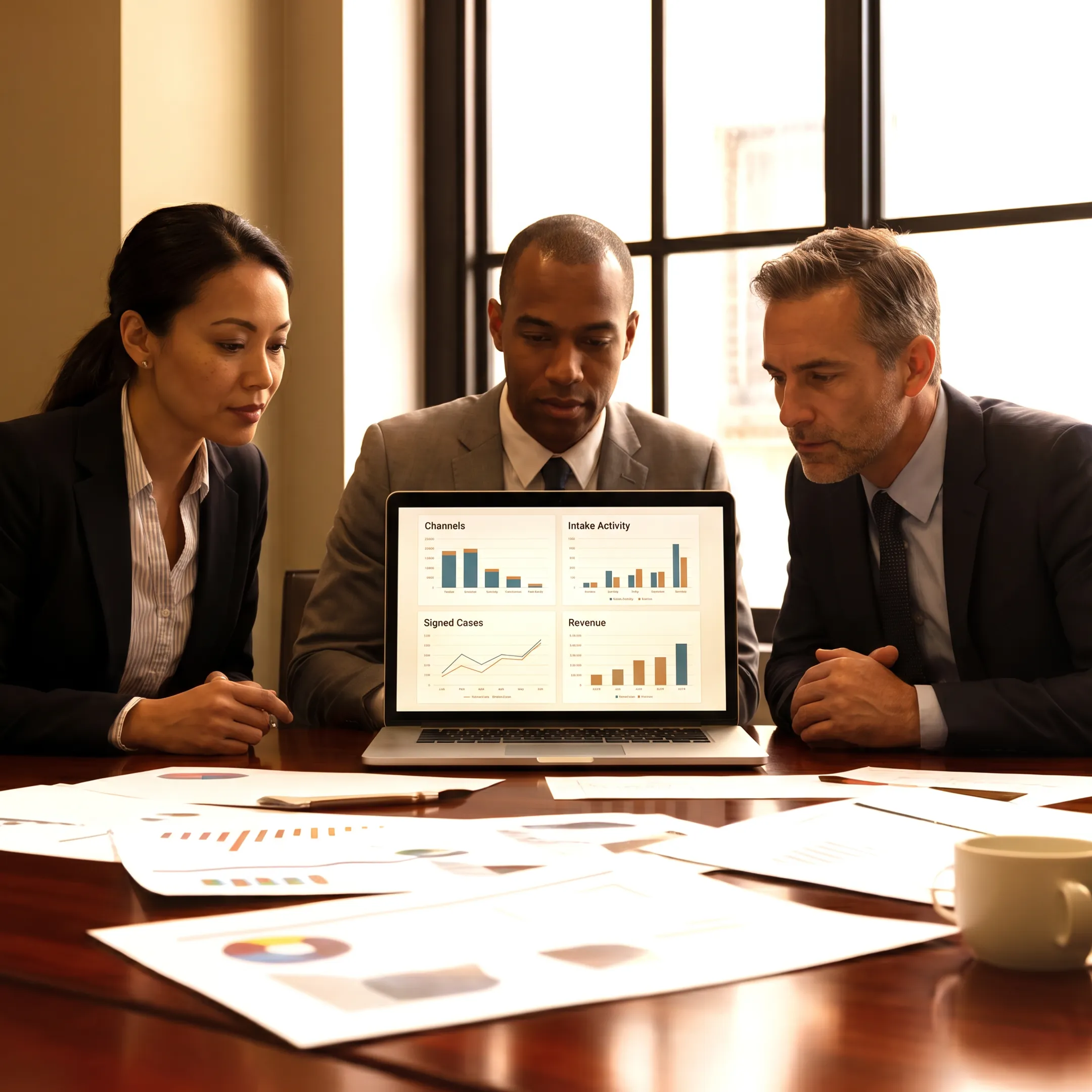 Law firm marketing dashboard showing cost per signed case analytics