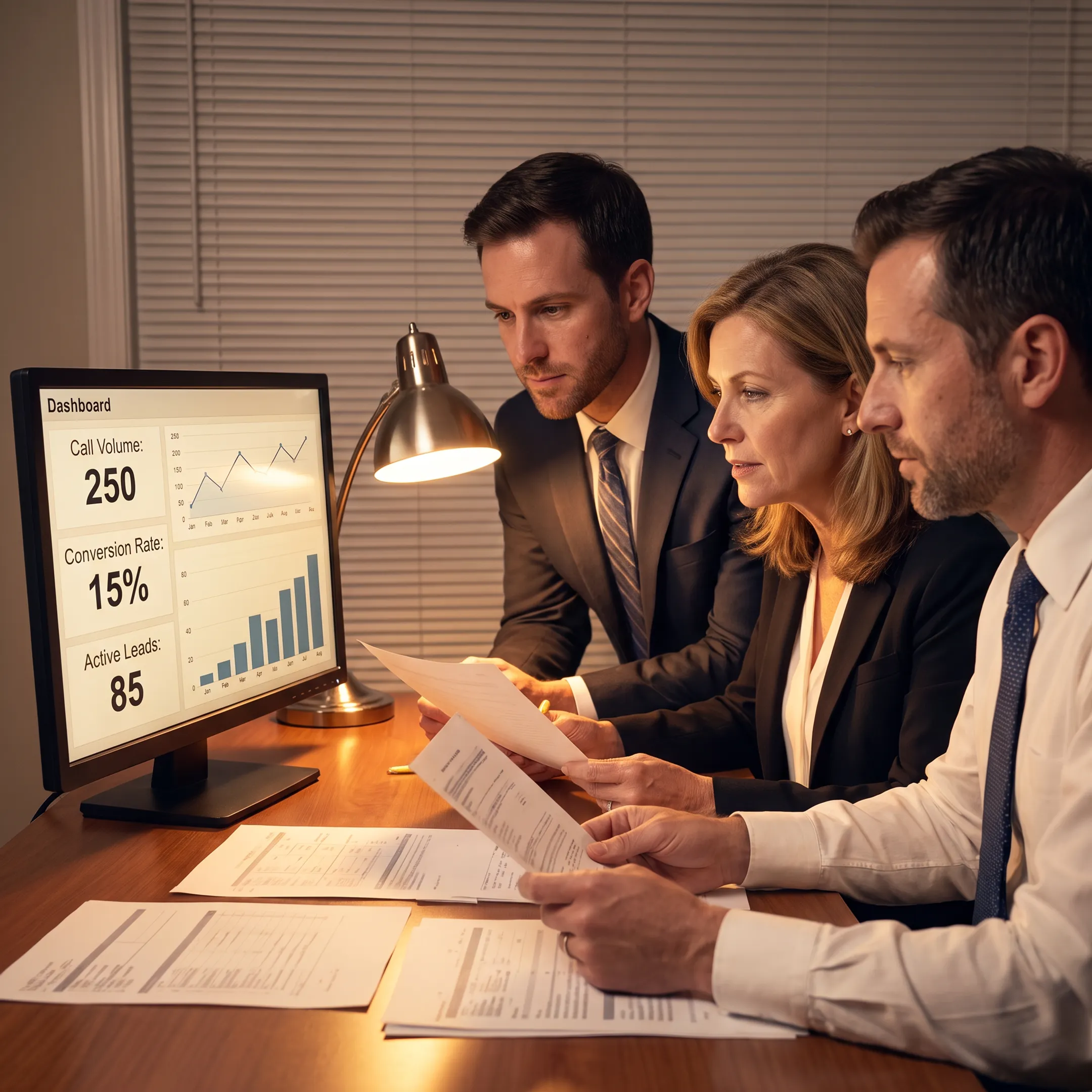 Legal intake professional reviewing a recorded client call and performance dashboard