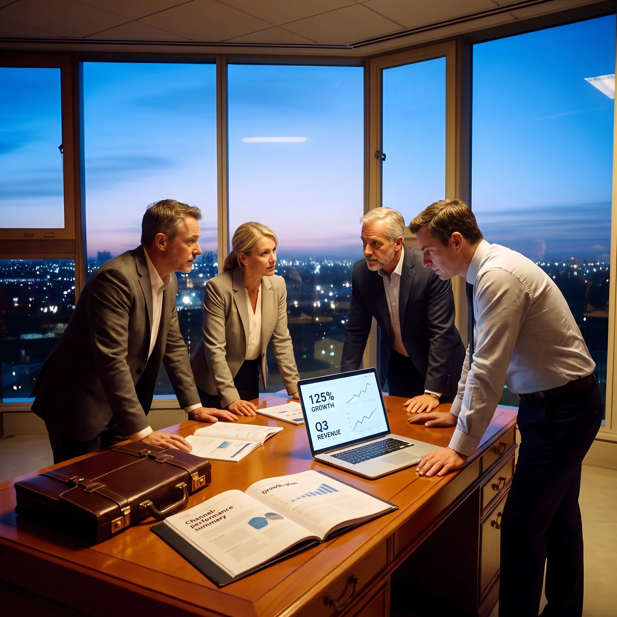 Marketing strategist reviewing growth analytics and planning with a professional services leadership team