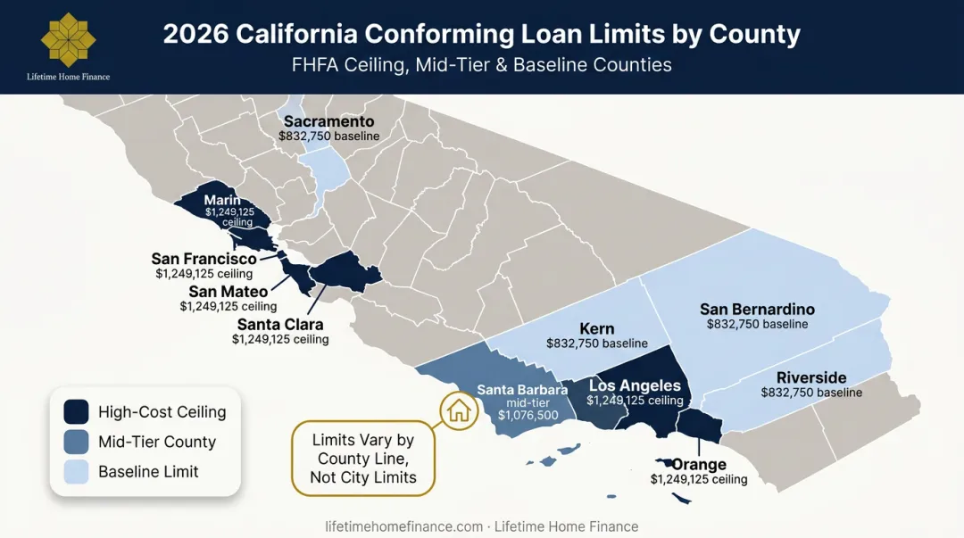 California county jumbo loan limits map comparing baseline and high-cost ceilings
