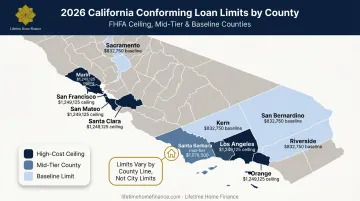 California county jumbo loan limits map comparing baseline and high-cost ceilings