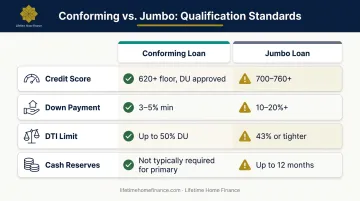 Jumbo loan qualification requirements compared to conforming loan standards infographic