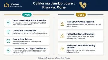 Jumbo loan pros and cons side-by-side comparison infographic for California buyers