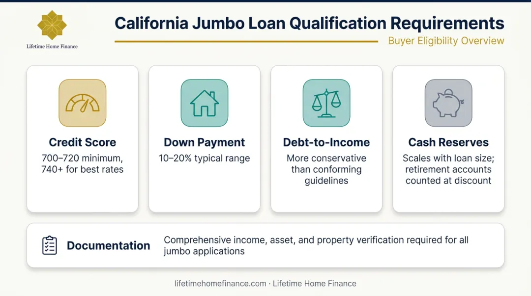 California jumbo loan qualification requirements credit score down payment DTI reserves