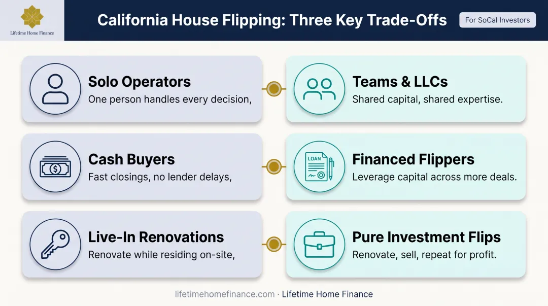 Three house-flipping business models compared solo cash live-in renovation