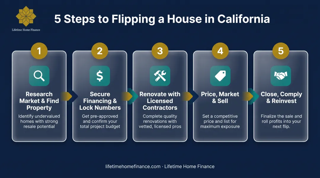 5-step California house flipping process from research to reinvestment