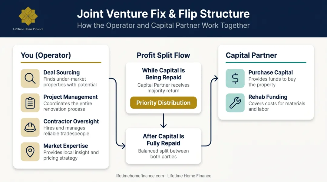 Joint venture fix and flip deal structure showing investor roles and profit split