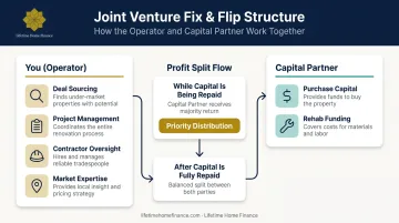 Joint venture fix and flip deal structure showing investor roles and profit split