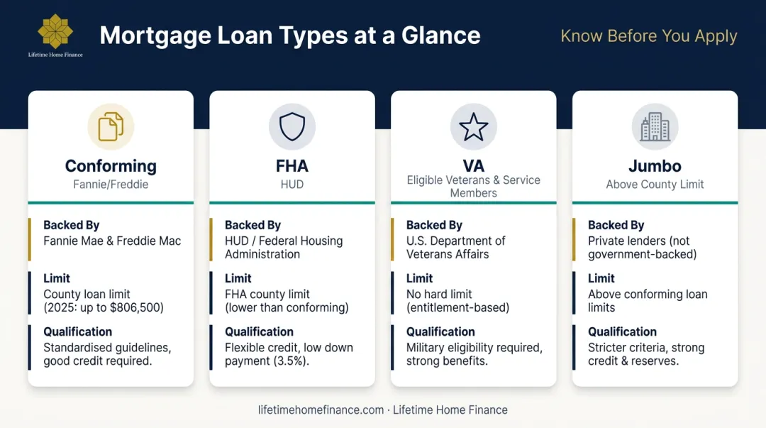 Four mortgage loan types comparison chart conforming FHA VA and jumbo