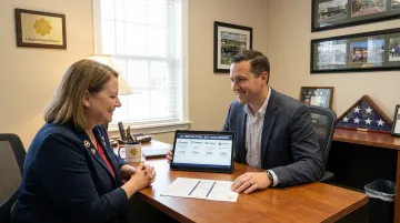 Loan officer reviewing VA and jumbo loan options with San Bernardino County homebuyer