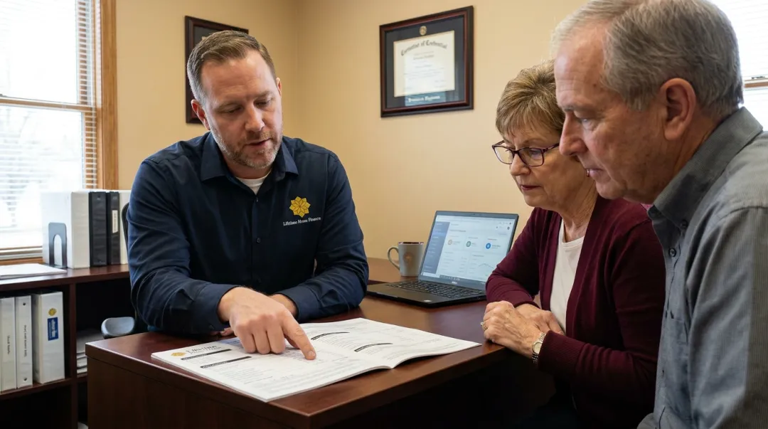 Senior homeowner reviewing financial documents with loan officer at desk