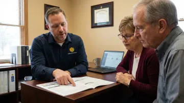 Senior homeowner reviewing financial documents with loan officer at desk