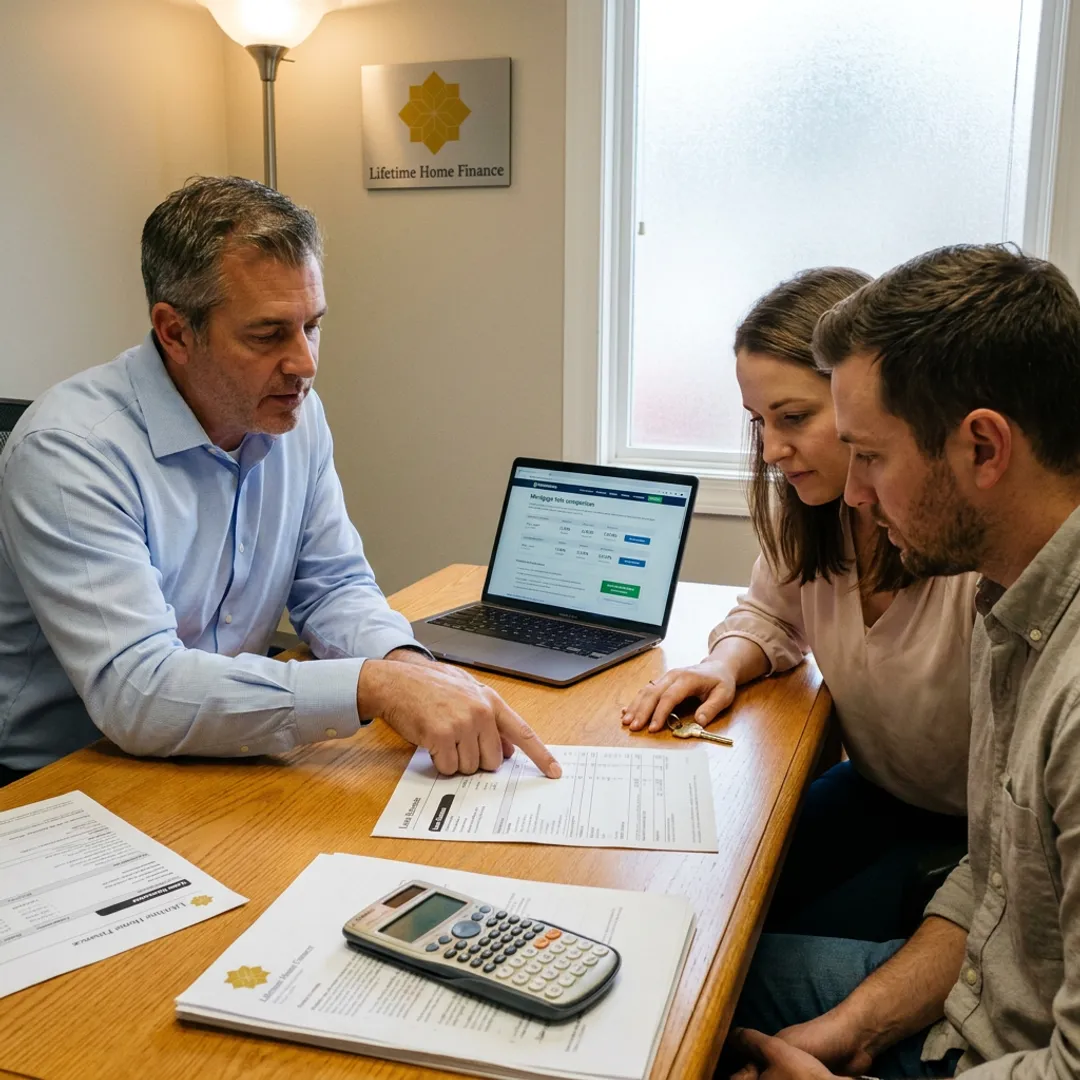 Loan officer reviewing mortgage documents with home buyers