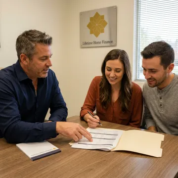 Loan officer reviewing mortgage options with first-time buyers