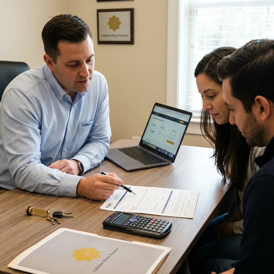 Loan officer reviewing FHA mortgage documents with homebuyers