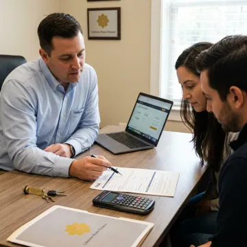 Loan officer reviewing FHA mortgage documents with homebuyers
