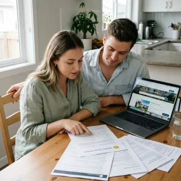 First-time homebuyers reviewing a mortgage guide