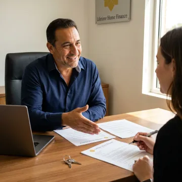 Loan officer guiding first-time buyer through mortgage paperwork
