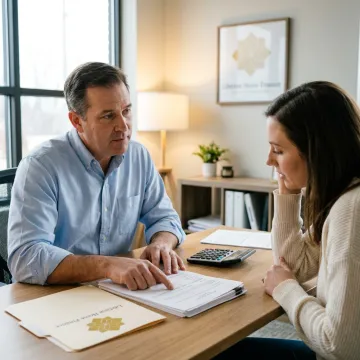 Loan officer guiding first-time buyer through mortgage steps