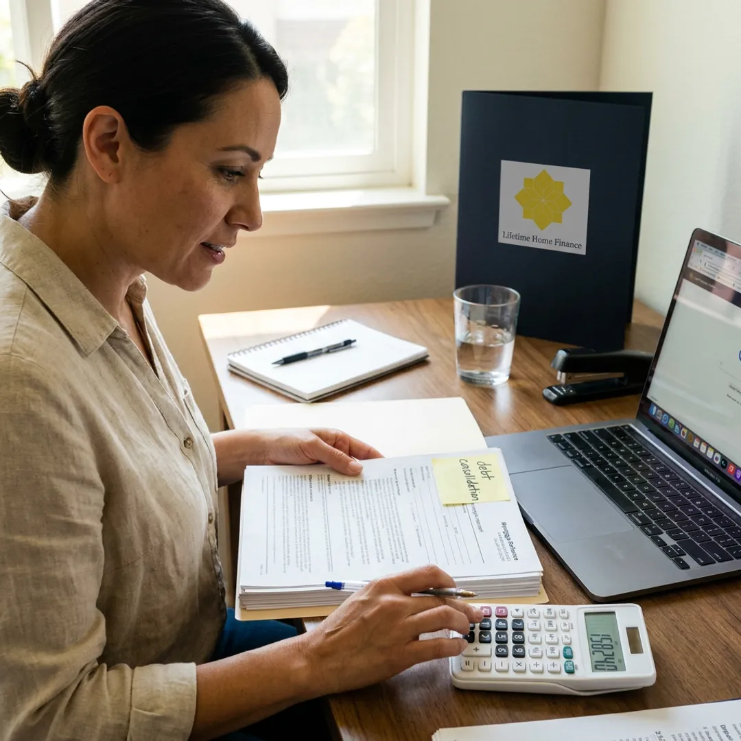California homeowner reviewing debt consolidation refinance paperwork