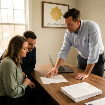 Loan officer reviewing mortgage documents with homebuyers