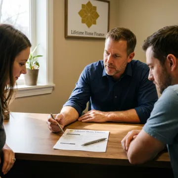 Loan officer reviewing mortgage documents with homebuyer