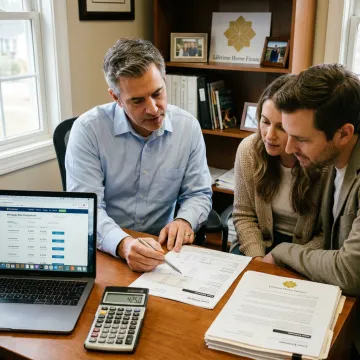 Loan officer reviewing mortgage documents with a homebuyer