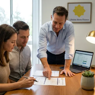 Loan officer reviewing mortgage documents with homebuyer