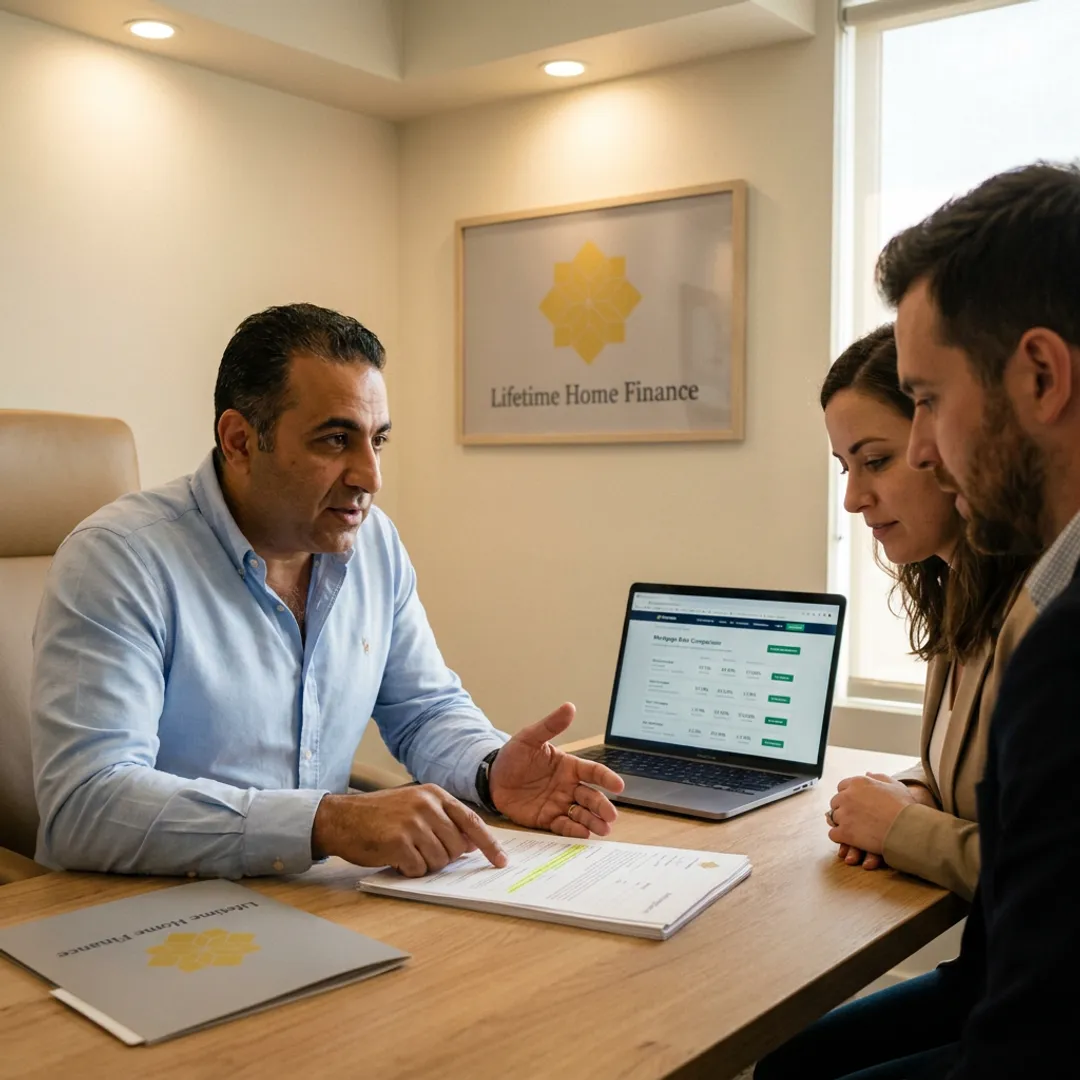 Loan officer reviewing mortgage documents with homebuyers